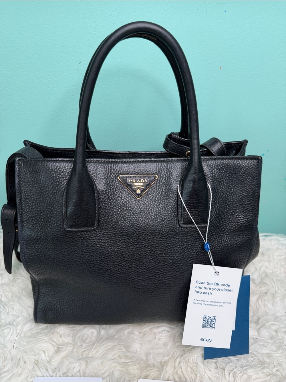 Authentic Prada Black  Leather Satchel with Gold Logo .